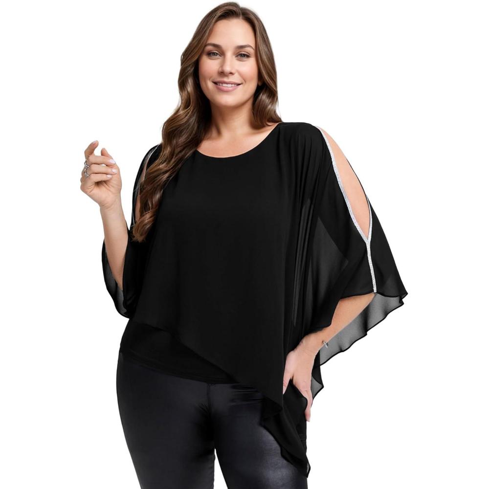 imageEverPretty Womens Round Neck Chiffon 34 Batwing Sleeves Dressy Evening Wedding Top Party Blouses Shirt 02457Black