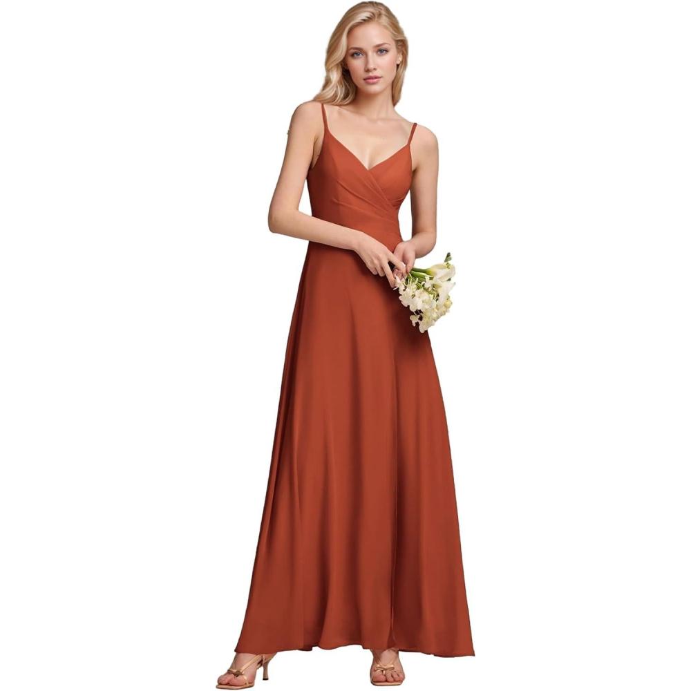 imageEverPretty Womens Sexy Side Slit V Neck Spaghetti Straps Chiffon A Line Bridesmaid Dress 0128BPHBurnt Orange