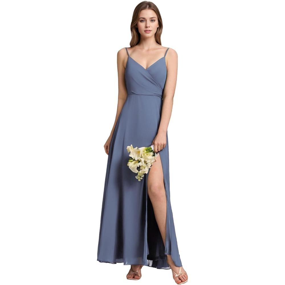 imageEverPretty Womens Sexy Side Slit V Neck Spaghetti Straps Chiffon A Line Bridesmaid Dress 0128BPHDusty Blue