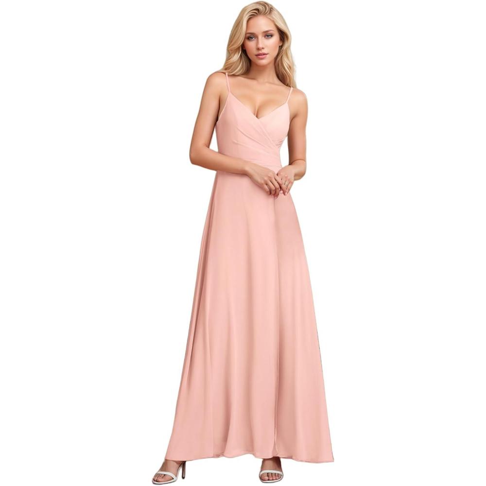 imageEverPretty Womens Sexy Side Slit V Neck Spaghetti Straps Chiffon A Line Bridesmaid Dress 0128BPHPink