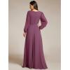 imageEverPretty Womens V Neck Long Lantern Sleeves Floor Length Ruched Chiffon ALine Formal Evening Dress 00461Damson