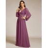 imageEverPretty Womens V Neck Long Lantern Sleeves Floor Length Ruched Chiffon ALine Formal Evening Dress 00461Damson