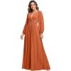 imageEverPretty Womens V Neck Long Lantern Sleeves Floor Length Ruched Chiffon ALine Formal Evening Dress 00461Brandied Melon