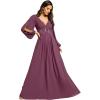 imageEverPretty Womens V Neck Long Lantern Sleeves Floor Length Ruched Chiffon ALine Formal Evening Dress 00461Damson