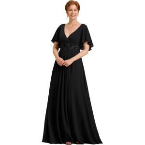 imageEverPretty Womens Chiffon Mother of The Bride Dress Appliques V Neck ALine Pleated Floor Length Formal GownBlack