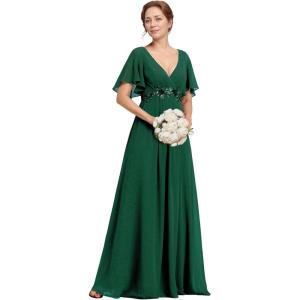 imageEverPretty Womens Chiffon Mother of The Bride Dress Appliques V Neck ALine Pleated Floor Length Formal GownDark Green