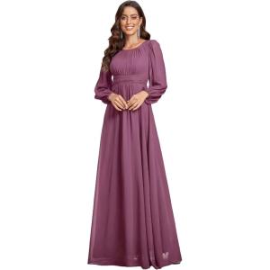 imageEverPretty Womens Crewneck Long Lantern Sleeves Floor Length ALine Pleated Chiffon Formal Dress 0106BDamson