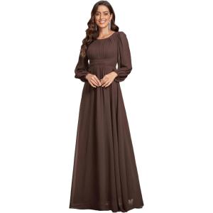 imageEverPretty Womens Crewneck Long Lantern Sleeves Floor Length ALine Pleated Chiffon Formal Dress 0106BExpresso