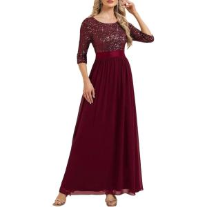 imageEverPretty Womens Elegant Maxi A Line Crew Neck Half Sleeve Sequin Formal Evening Dress 00686Burgundy