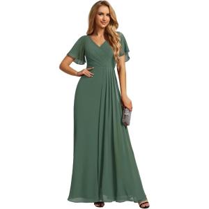 imageEverPretty Womens Formal Dresses Flutter Short Sleeve Floor Length Dress 2024 High Waist Evening Dresses 0050Eucalyptus Green
