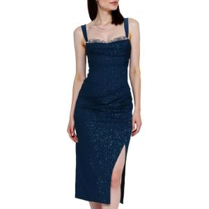 imageEverPretty Womens Sparkly Glitter Side Slit Ruched Midi Formal Evening Dress with LaceUp Back 02395Navy Blue