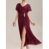 imageEverPretty Womens VNeck Pleated Short Sleeves Rhinestone High Slit Maxi Formal Evening Dresses 02323Burgundy