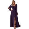 imageEverPretty Womens Fall Winter Elegant Long Sleeves V Neck High Waist Split Chiffon Floor Length Formal Dress 80116Dark Purple