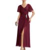 imageEverPretty Womens VNeck Pleated Short Sleeves Rhinestone High Slit Maxi Formal Evening Dresses 02323Burgundy