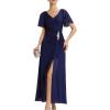 imageEverPretty Womens VNeck Pleated Short Sleeves Rhinestone High Slit Maxi Formal Evening Dresses 02323Navy Blue