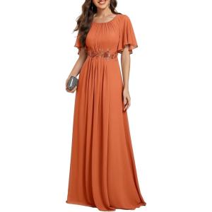 imageEverPretty Womens Classic Round Neck Pleated Short Sleeves Chiffon Appliques Floor Length A Line Formal Evening DressesBrandied Melon