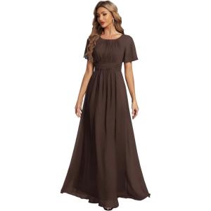 imageEverPretty Womens Elegant Round Neck Short Sleeves Chiffon Empire Waist Floor Length Formal Bridesmaid Dress 01840PHEspresso
