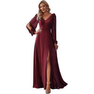 imageEverPretty Womens Fall Winter Elegant Long Sleeves V Neck High Waist Split Chiffon Floor Length Formal Dress 80116Burgundy