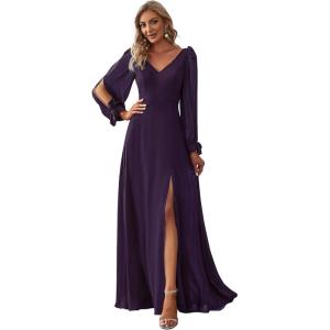 imageEverPretty Womens Fall Winter Elegant Long Sleeves V Neck High Waist Split Chiffon Floor Length Formal Dress 80116Dark Purple