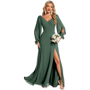 imageEverPretty Womens Fall Winter Elegant Long Sleeves V Neck High Waist Split Chiffon Floor Length Formal Dress 80116Eucalyptus Green