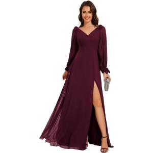 imageEverPretty Womens Fall Winter Elegant Long Sleeves V Neck High Waist Split Chiffon Floor Length Formal Dress 80116Mulberry