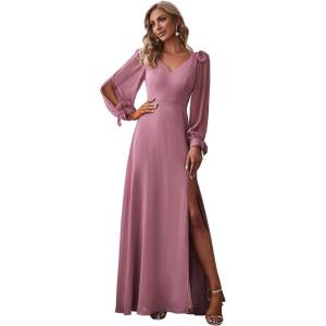 imageEverPretty Womens Fall Winter Elegant Long Sleeves V Neck High Waist Split Chiffon Floor Length Formal Dress 80116Orchid