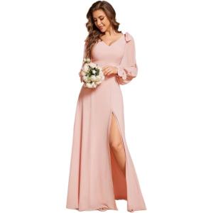 imageEverPretty Womens Fall Winter Elegant Long Sleeves V Neck High Waist Split Chiffon Floor Length Formal Dress 80116Pink