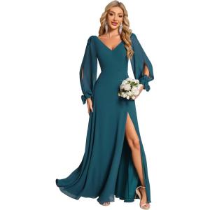 imageEverPretty Womens Fall Winter Elegant Long Sleeves V Neck High Waist Split Chiffon Floor Length Formal Dress 80116Teal