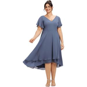 imageEverPretty Womens V Neck Ruffle Sleeves Irregular Chiffon ALine Midi Wedding Guest Dresses 01756Dusty Blue