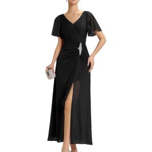 imageEverPretty Womens VNeck Pleated Short Sleeves Rhinestone High Slit Maxi Formal Evening Dresses 02323Black