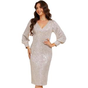 imageEverPretty Womens Long Sleeve Knee Length V Neck High Waist Sequin Wedding Guest Dresses Champagne US12