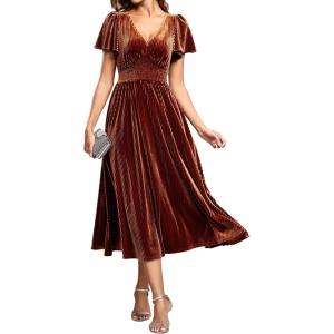imageEverPretty Womens Elegant Velvet ALine Short Ruffles Sleeves Formal DressCaramel