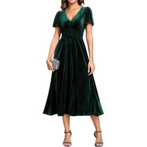 imageEverPretty Womens Elegant Velvet ALine Short Ruffles Sleeves Formal DressDeep Green