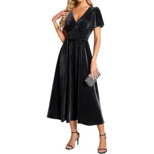 imageEverPretty Womens Elegant Velvet ALine Short Ruffles Sleeves Formal DressGrey Blue