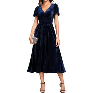 imageEverPretty Womens Elegant Velvet ALine Short Ruffles Sleeves Formal DressNavy Blue