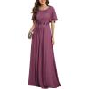 imageEverPretty Womens Classic Round Neck Pleated Short Sleeves Chiffon Appliques Floor Length A Line Formal Evening DressesDamson