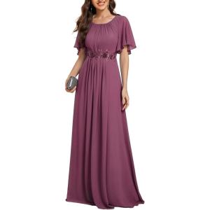 imageEverPretty Womens Classic Round Neck Pleated Short Sleeves Chiffon Appliques Floor Length A Line Formal Evening DressesDamson