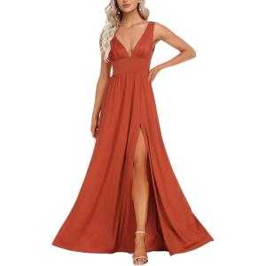 imageEverPretty Womens Deep VNeck Sleeveless Side Slit Floor Length Bridesmaid Wedding Guest Dress 0168BBurnt Orange