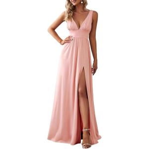 imageEverPretty Womens Deep VNeck Sleeveless Side Slit Floor Length Bridesmaid Wedding Guest Dress 0168BPink