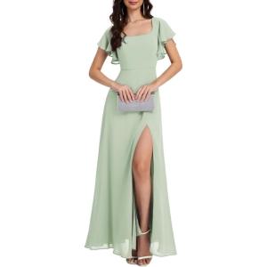 imageEverPretty Womens Elegant Chiffon Flared Sleeves Front Split Square Neck Floor Length Evening DressesMint Green