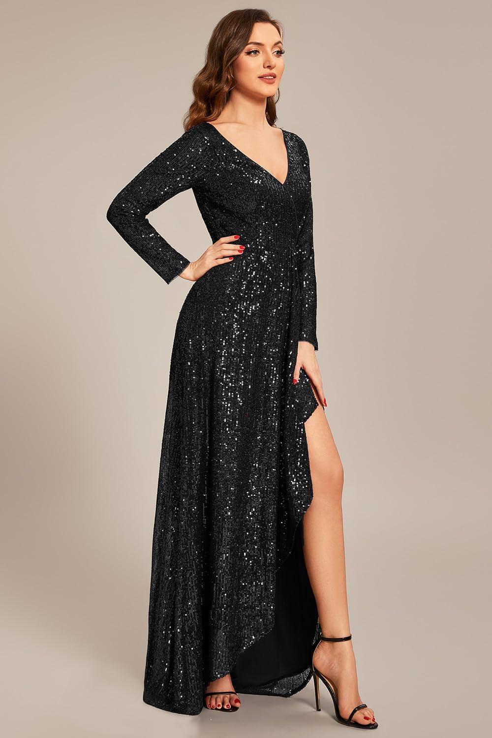 imageEverPretty Womens Elegant Sequin Long Sleeves V Neck High Slit Maxi Formal Evening DressesBlack