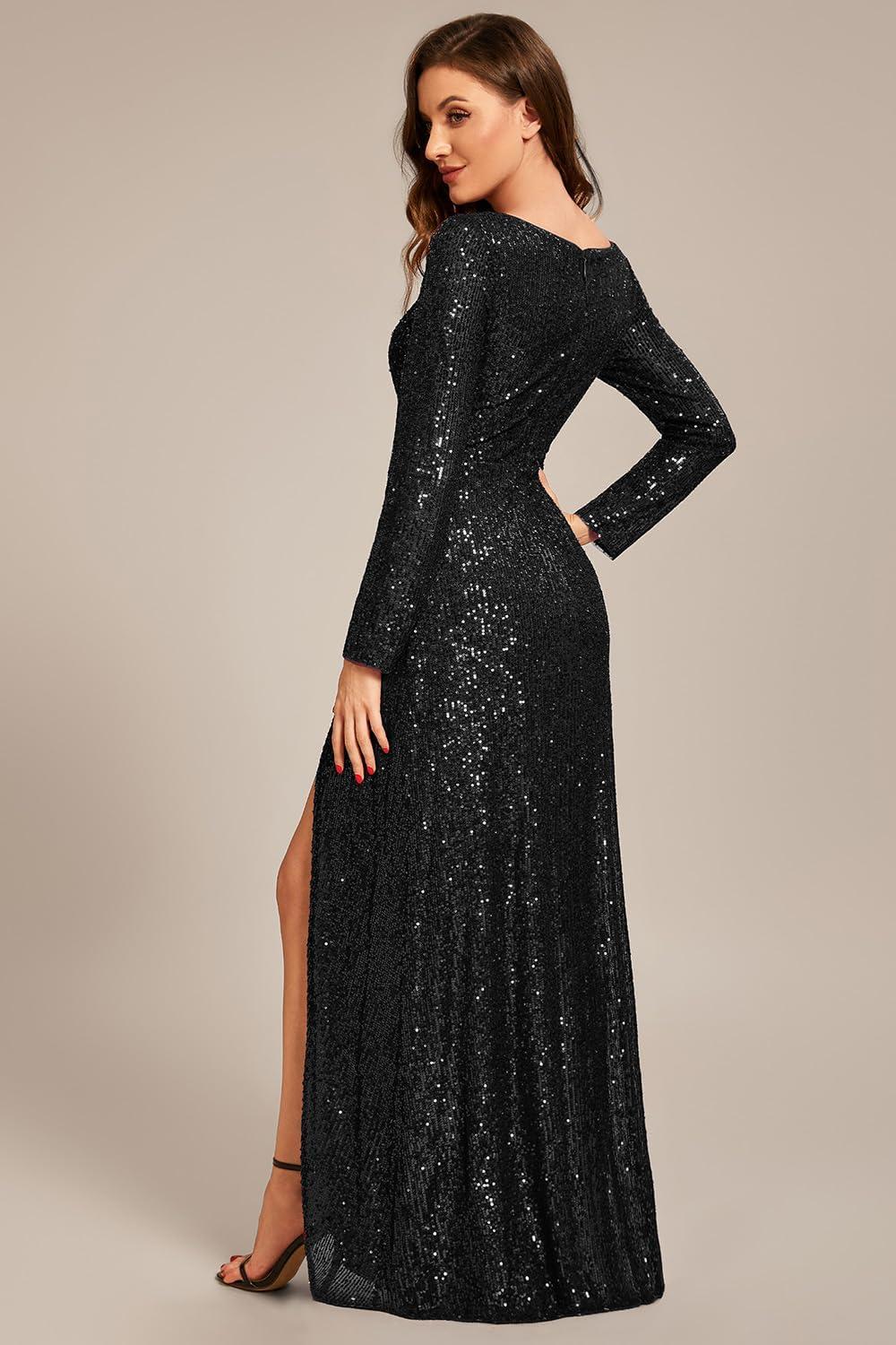 imageEverPretty Womens Elegant Sequin Long Sleeves V Neck High Slit Maxi Formal Evening DressesBlack