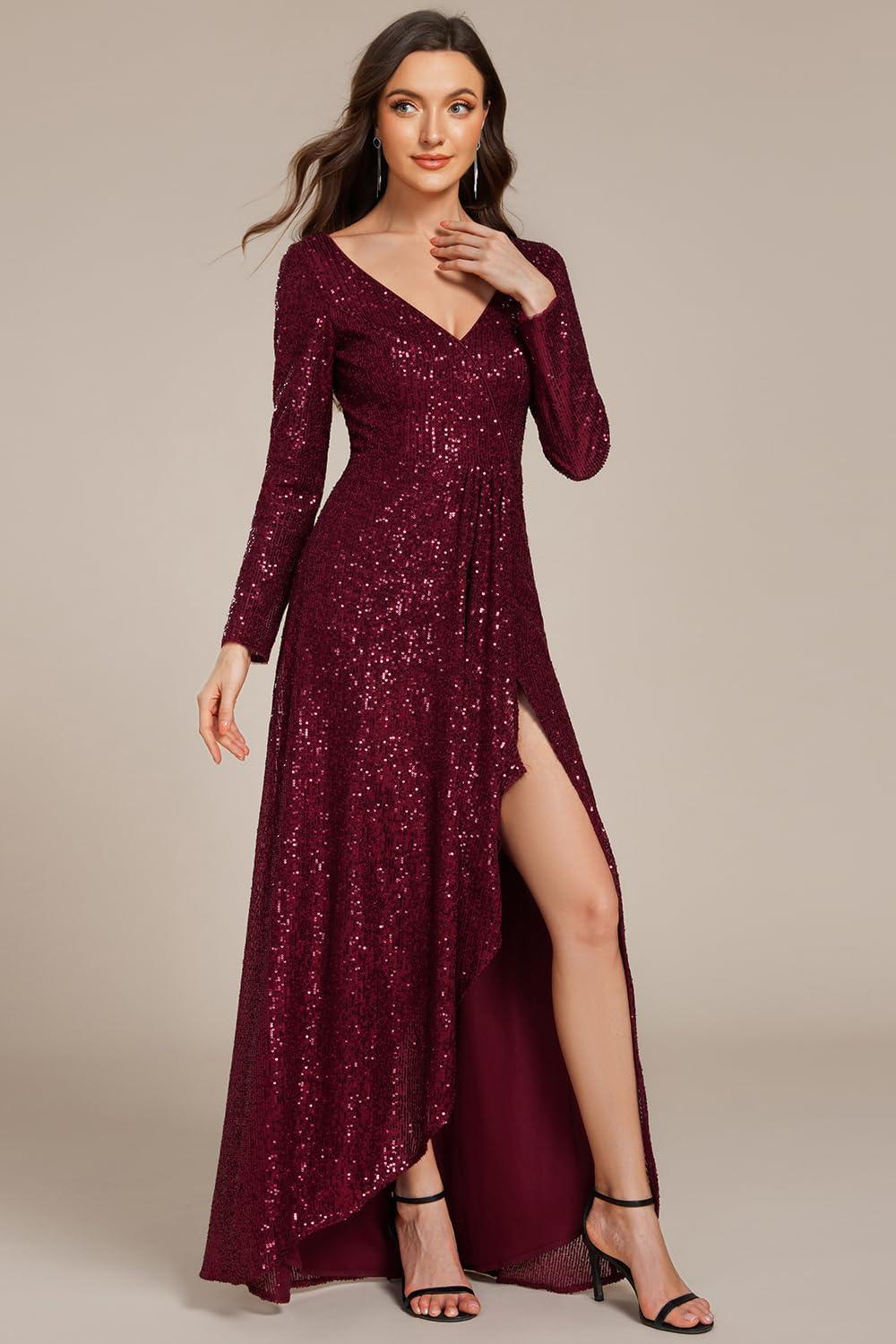 imageEverPretty Womens Elegant Sequin Long Sleeves V Neck High Slit Maxi Formal Evening DressesBurgundy