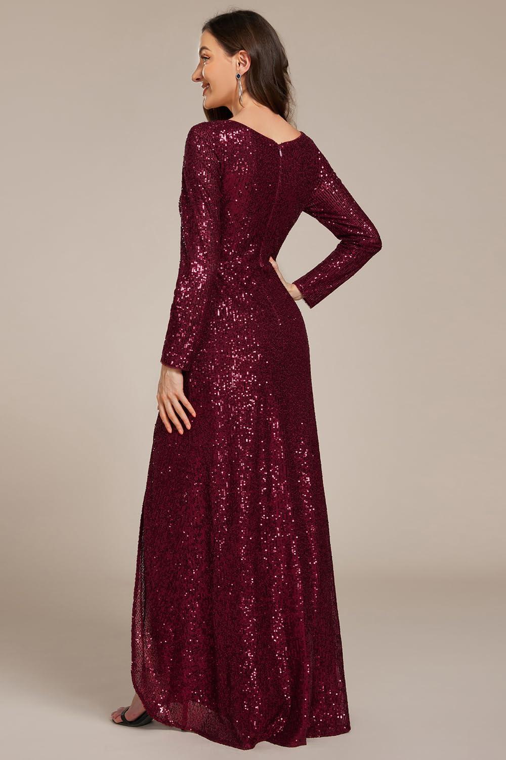 imageEverPretty Womens Elegant Sequin Long Sleeves V Neck High Slit Maxi Formal Evening DressesBurgundy