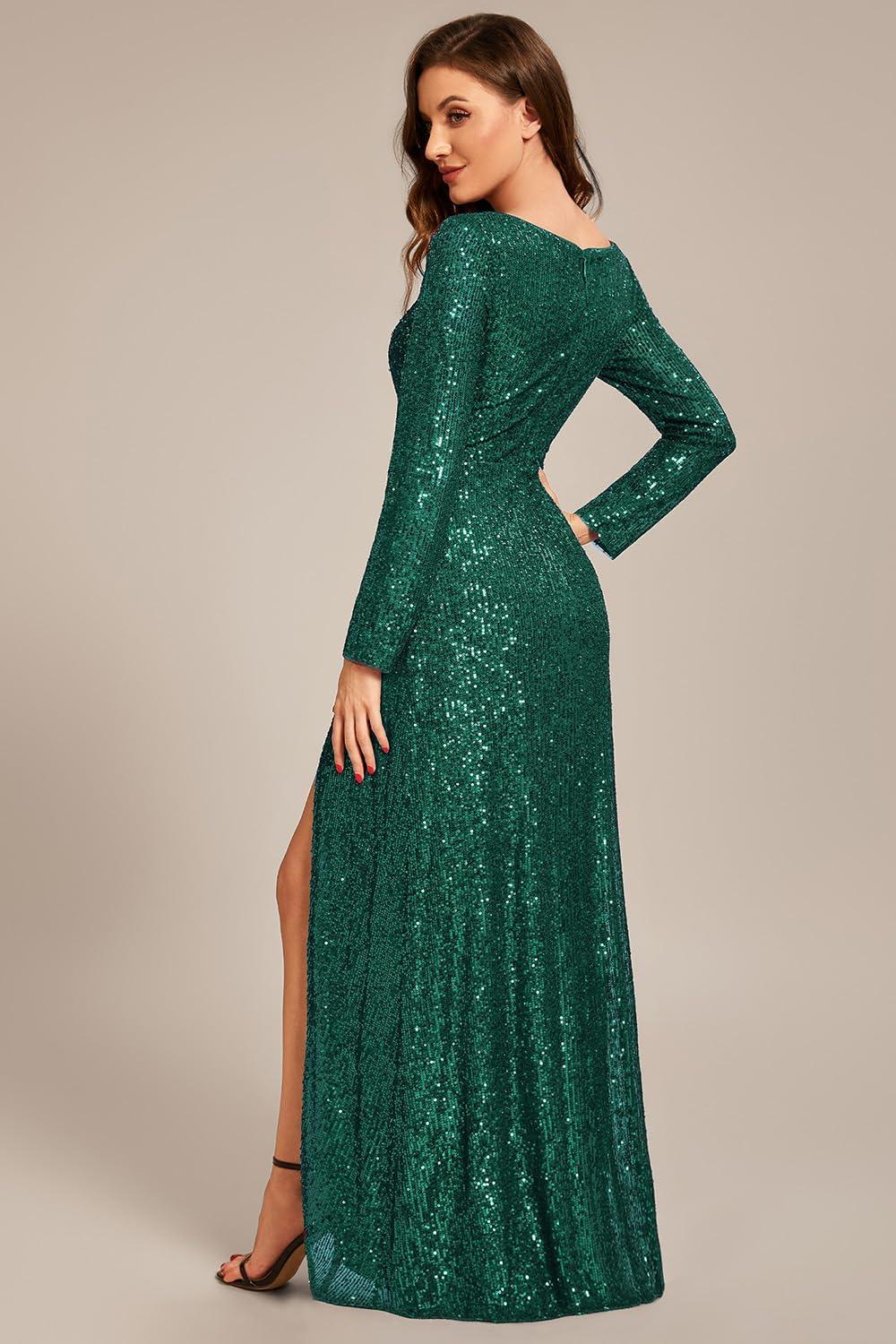 imageEverPretty Womens Elegant Sequin Long Sleeves V Neck High Slit Maxi Formal Evening DressesDark Green