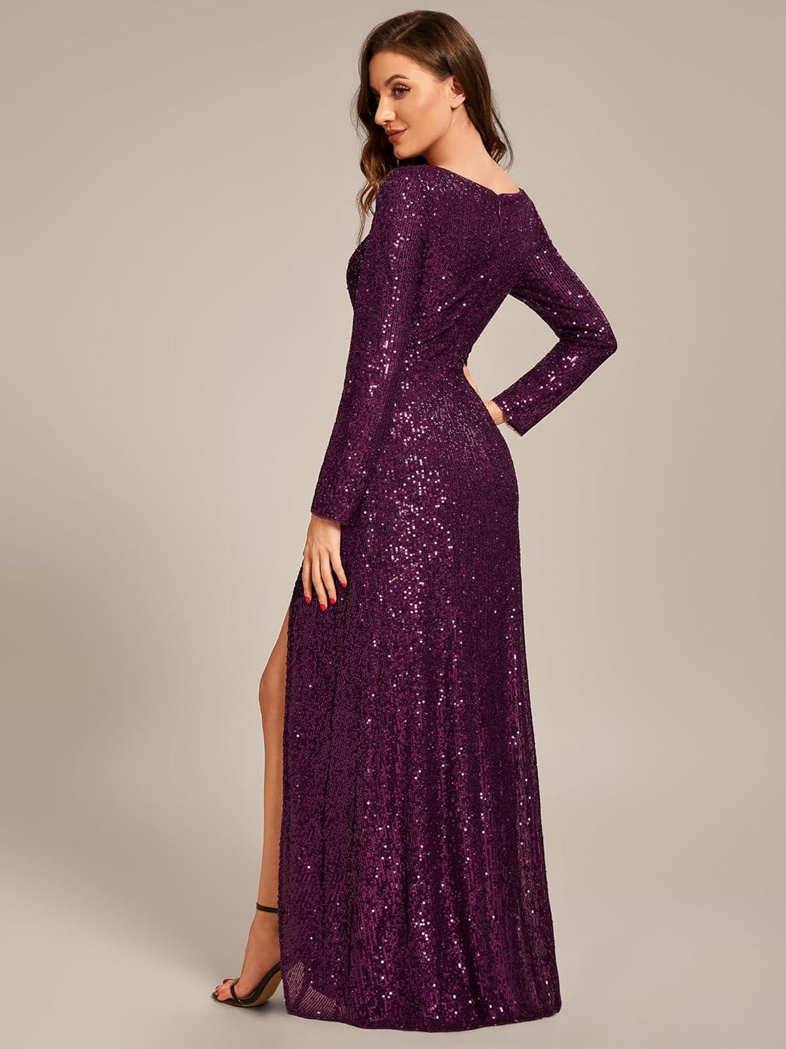 imageEverPretty Womens Elegant Sequin Long Sleeves V Neck High Slit Maxi Formal Evening DressesDark Purple