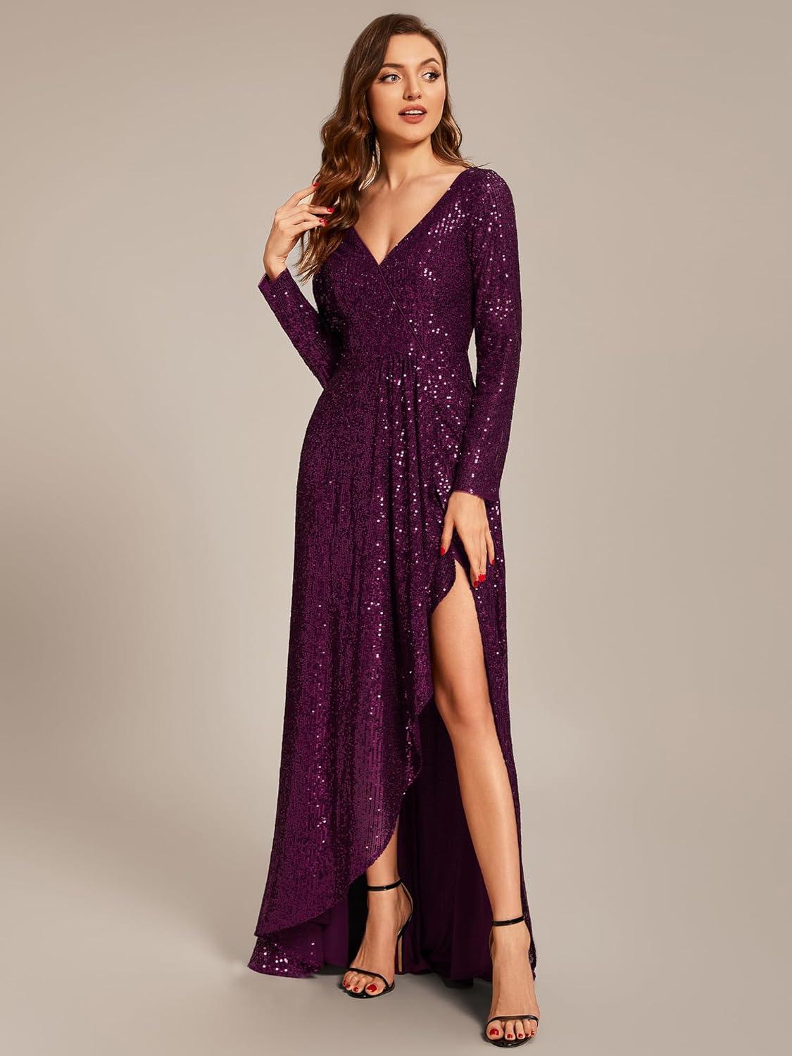 imageEverPretty Womens Elegant Sequin Long Sleeves V Neck High Slit Maxi Formal Evening DressesDark Purple