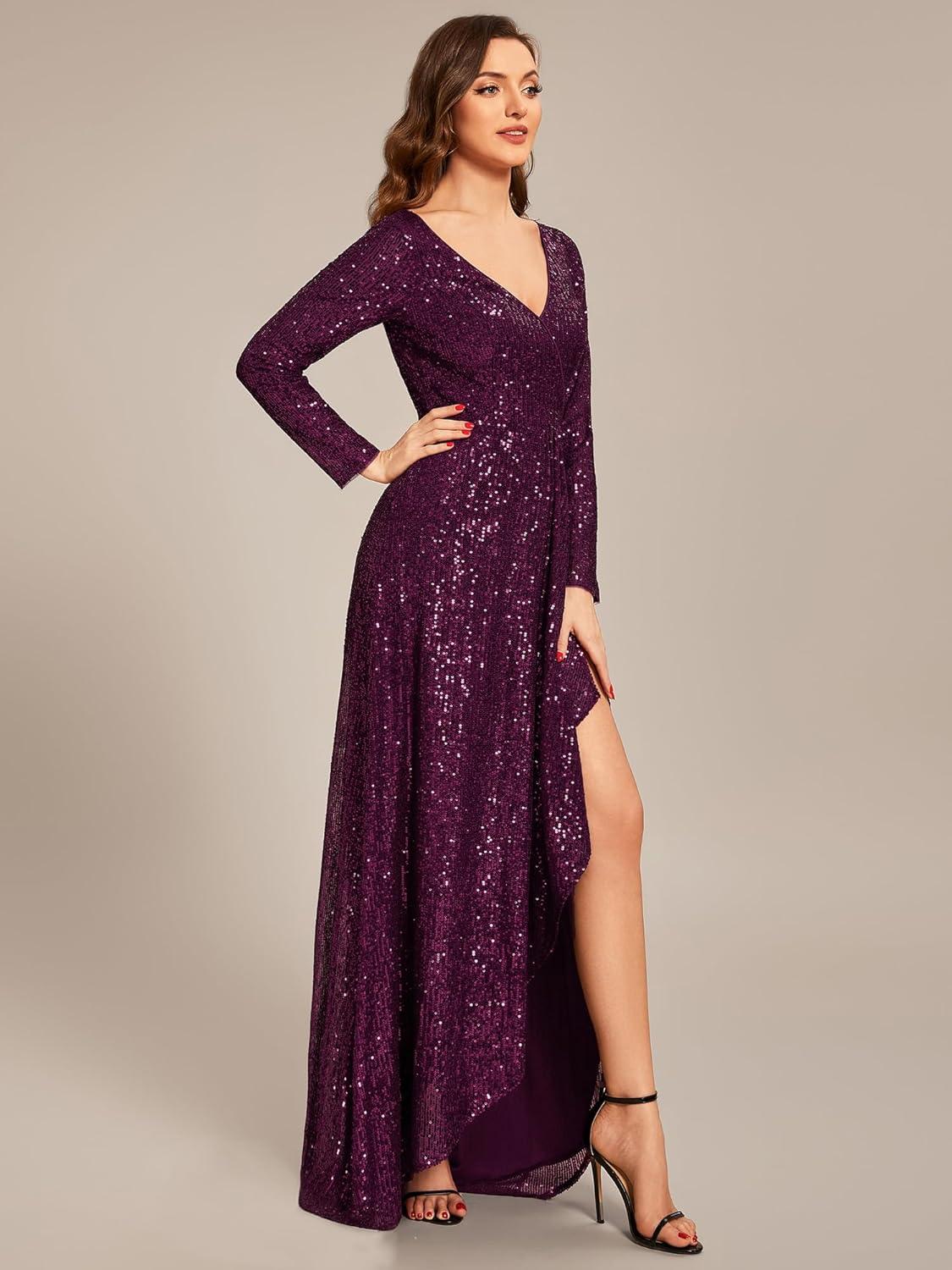 imageEverPretty Womens Elegant Sequin Long Sleeves V Neck High Slit Maxi Formal Evening DressesDark Purple