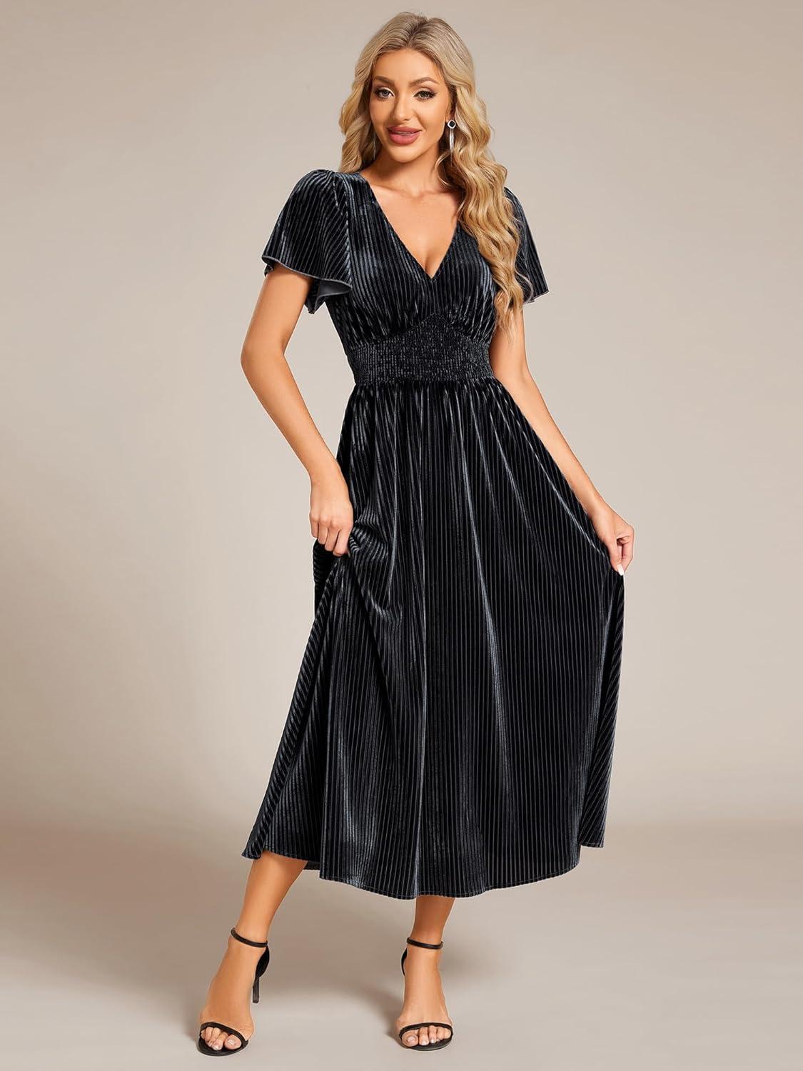 imageEverPretty Womens Fall Winter V Neck Short Sleeves A Line Elastic Waist Midi Length Velvet Wedding Guest Dress 01939Black