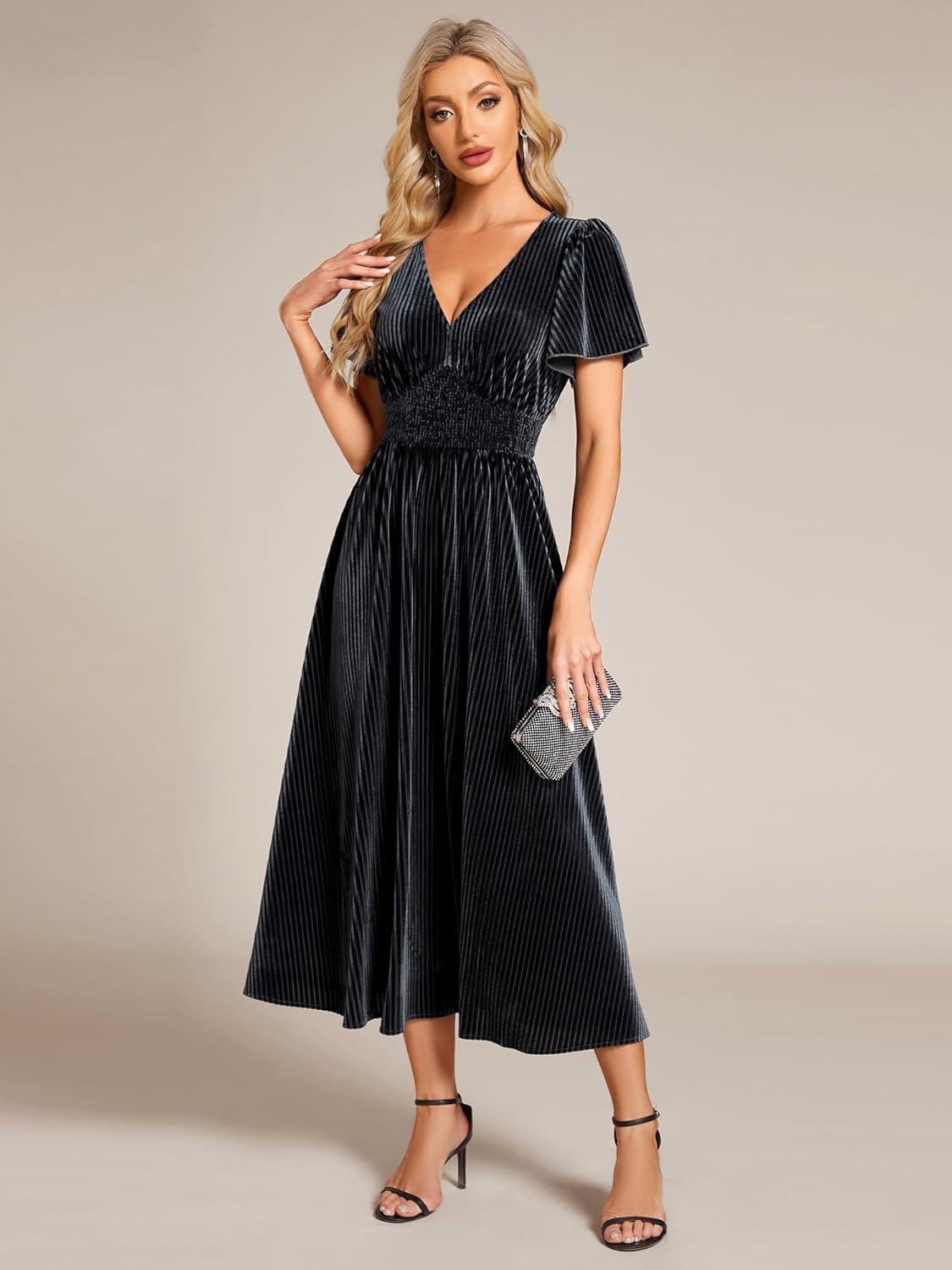 imageEverPretty Womens Fall Winter V Neck Short Sleeves A Line Elastic Waist Midi Length Velvet Wedding Guest Dress 01939Black